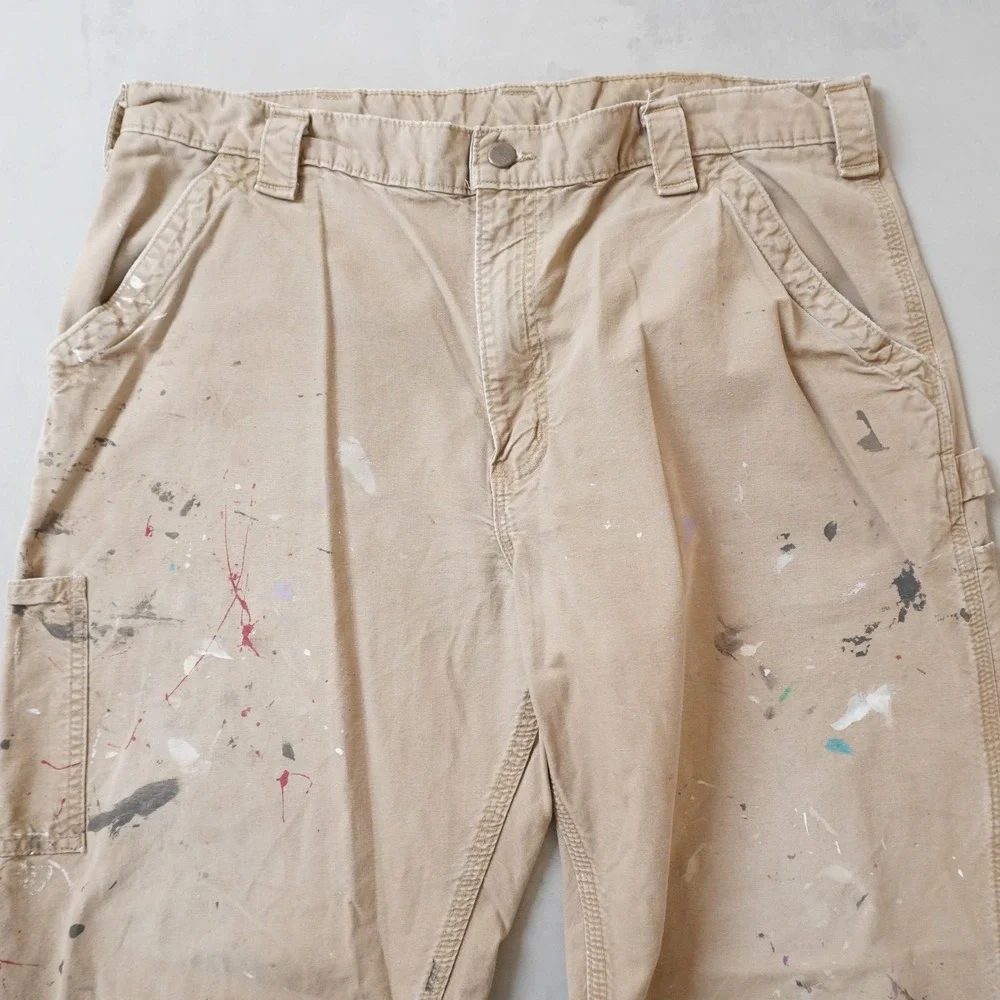 Vintage Carhartt Canvas Carpenter Pants 38x30 Mens Tan Paint Splatter